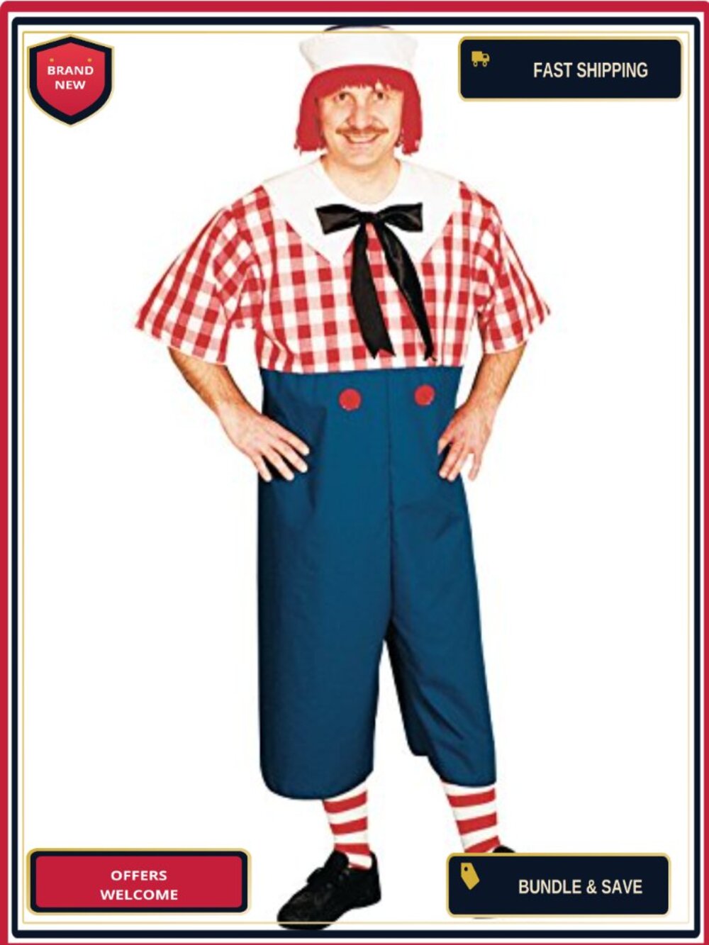 Raggedy Andy Costume Adult Standard Fits Up to 42 Jumpsuit Hat Wig Stockings